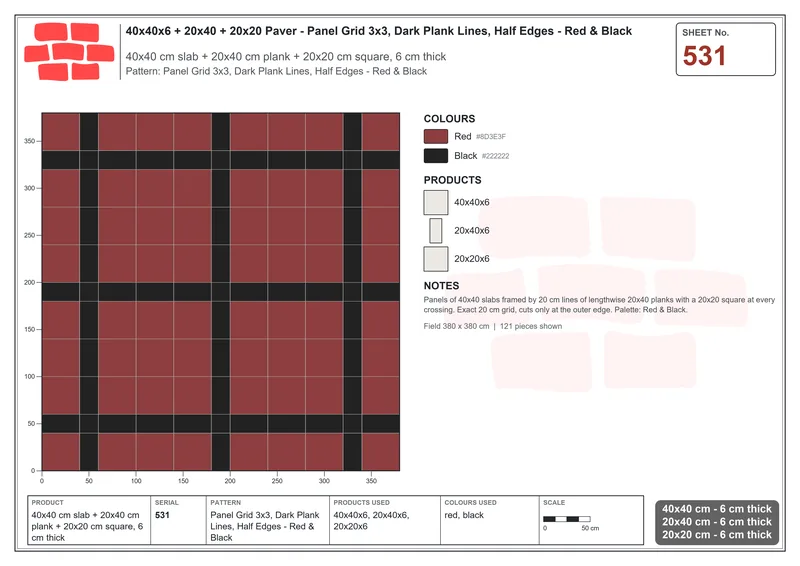 Interlock (Pasco) 40x40 cm · SQ44-531 · Panel Grid 3x3, Dark Plank Lines, Half Edges - Red & Black · Laying plan Interlock (Pasco) 40x40 cm · SQ44-531 · Panel Grid 3x3, Dark Plank Lines, Half Edges - Red & Black · Laying plan