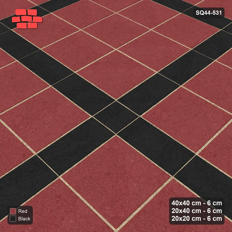 Interlock (Pasco) 40x40 cm · SQ44-531 · Panel Grid 3x3, Dark Plank Lines, Half Edges - Red & Black · Side view Interlock (Pasco) 40x40 cm · SQ44-531 · Panel Grid 3x3, Dark Plank Lines, Half Edges - Red & Black · Side view