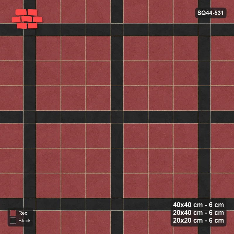 Interlock (Pasco) 40x40 cm · SQ44-531 · Panel Grid 3x3, Dark Plank Lines, Half Edges - Red & Black · Top view Interlock (Pasco) 40x40 cm · SQ44-531 · Panel Grid 3x3, Dark Plank Lines, Half Edges - Red & Black · Top view