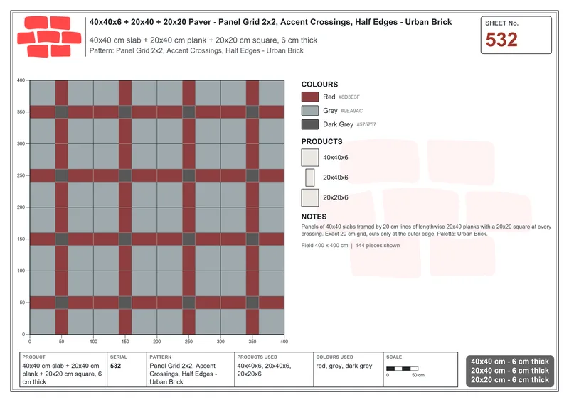 Interlock (Pasco) 40x40 cm · SQ44-532 · Panel Grid 2x2, Accent Crossings, Half Edges - Urban Brick · Laying plan Interlock (Pasco) 40x40 cm · SQ44-532 · Panel Grid 2x2, Accent Crossings, Half Edges - Urban Brick · Laying plan