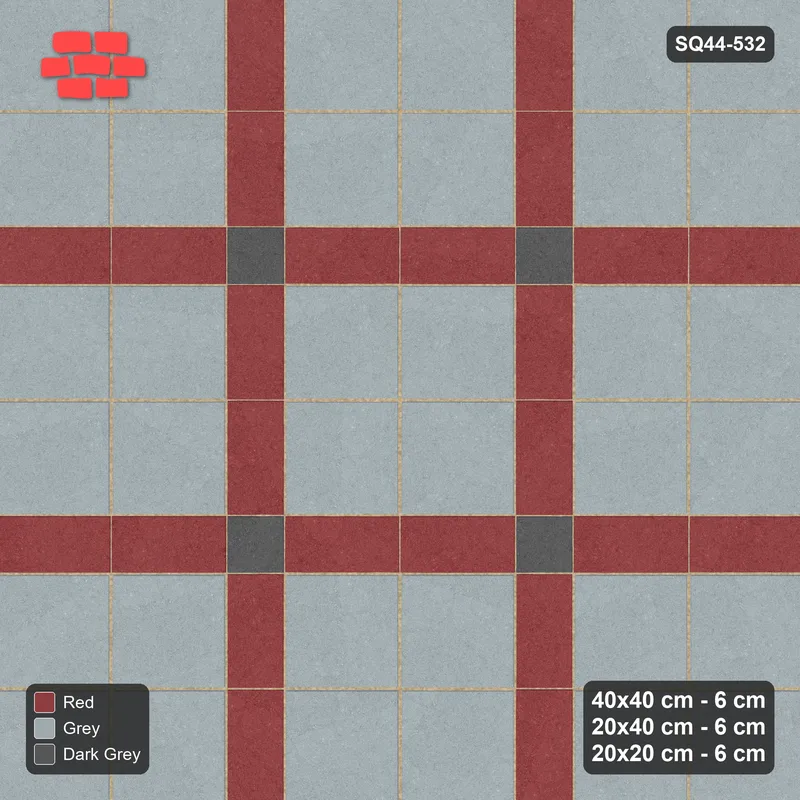 Interlock (Pasco) 40x40 cm · SQ44-532 · Panel Grid 2x2, Accent Crossings, Half Edges - Urban Brick · Top view Interlock (Pasco) 40x40 cm · SQ44-532 · Panel Grid 2x2, Accent Crossings, Half Edges - Urban Brick · Top view