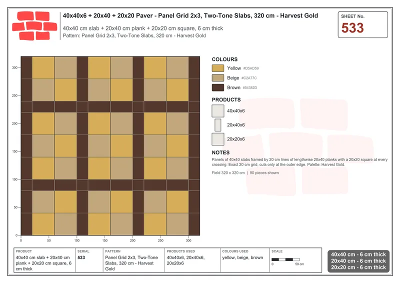 Interlock (Pasco) 40x40 cm · SQ44-533 · Panel Grid 2x3, Two-Tone Slabs, 320 cm - Harvest Gold · Laying plan Interlock (Pasco) 40x40 cm · SQ44-533 · Panel Grid 2x3, Two-Tone Slabs, 320 cm - Harvest Gold · Laying plan