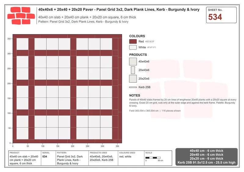 Interlock (Pasco) 40x40 cm · SQ44-534 · Panel Grid 3x2, Dark Plank Lines, Kerb - Burgundy & Ivory · Laying plan Interlock (Pasco) 40x40 cm · SQ44-534 · Panel Grid 3x2, Dark Plank Lines, Kerb - Burgundy & Ivory · Laying plan