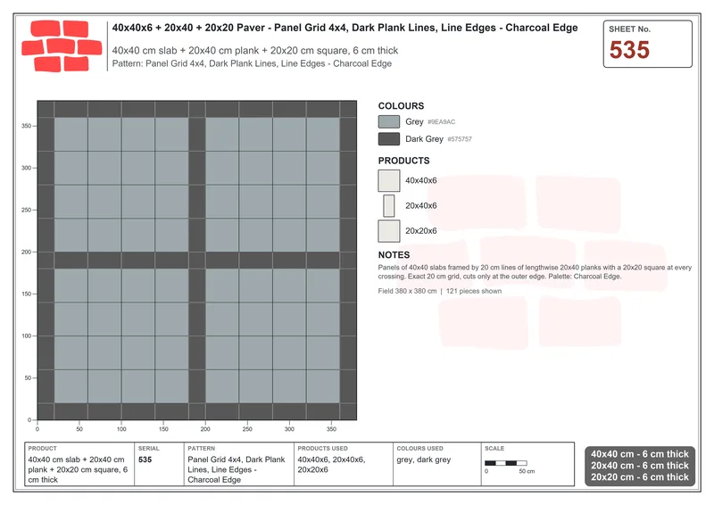 Interlock (Pasco) 40x40 cm · SQ44-535 · Panel Grid 4x4, Dark Plank Lines, Line Edges - Charcoal Edge · Laying plan Interlock (Pasco) 40x40 cm · SQ44-535 · Panel Grid 4x4, Dark Plank Lines, Line Edges - Charcoal Edge · Laying plan