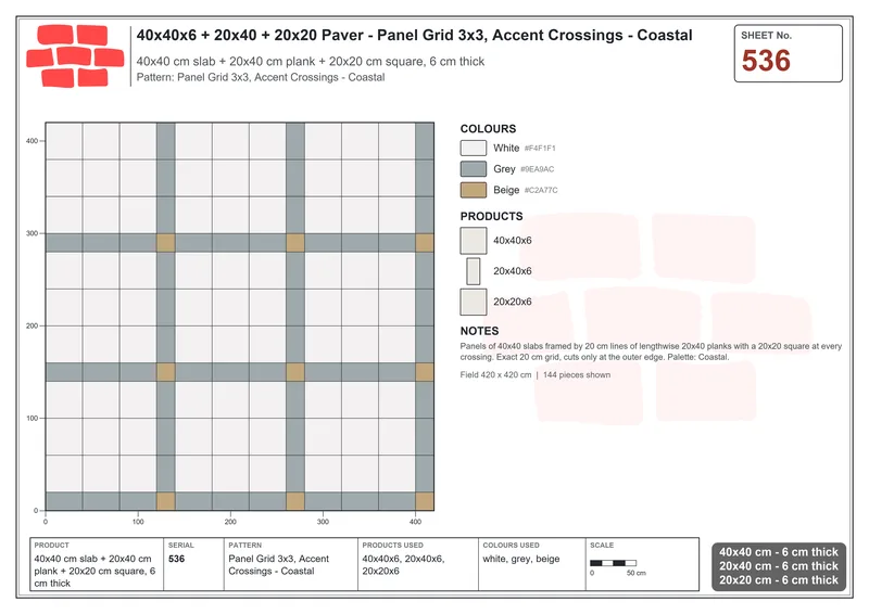 Interlock (Pasco) 40x40 cm · SQ44-536 · Panel Grid 3x3, Accent Crossings - Coastal · Laying plan Interlock (Pasco) 40x40 cm · SQ44-536 · Panel Grid 3x3, Accent Crossings - Coastal · Laying plan