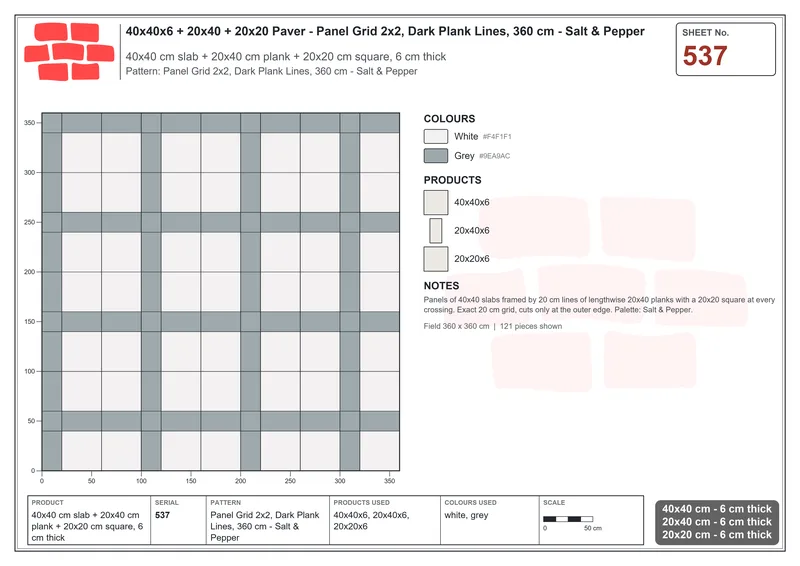 Interlock (Pasco) 40x40 cm · SQ44-537 · Panel Grid 2x2, Dark Plank Lines, 360 cm - Salt & Pepper · Laying plan Interlock (Pasco) 40x40 cm · SQ44-537 · Panel Grid 2x2, Dark Plank Lines, 360 cm - Salt & Pepper · Laying plan