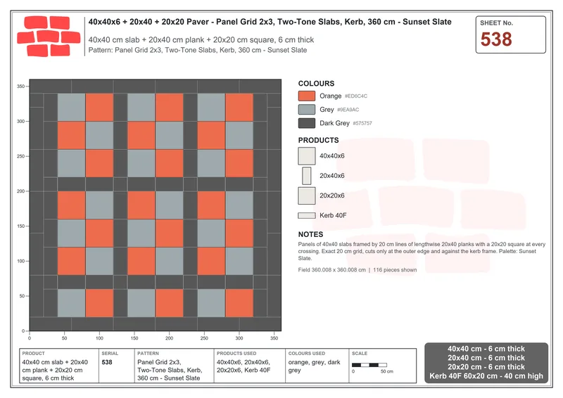 Interlock (Pasco) 40x40 cm · SQ44-538 · Panel Grid 2x3, Two-Tone Slabs, Kerb, 360 cm - Sunset Slate · Laying plan Interlock (Pasco) 40x40 cm · SQ44-538 · Panel Grid 2x3, Two-Tone Slabs, Kerb, 360 cm - Sunset Slate · Laying plan