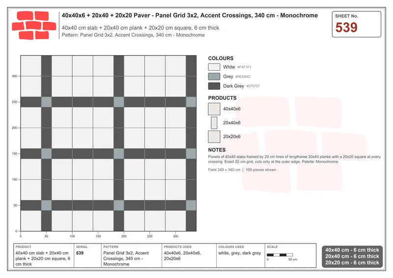 Interlock (Pasco) 40x40 cm · SQ44-539 · Panel Grid 3x2, Accent Crossings, 340 cm - Monochrome · Laying plan Interlock (Pasco) 40x40 cm · SQ44-539 · Panel Grid 3x2, Accent Crossings, 340 cm - Monochrome · Laying plan