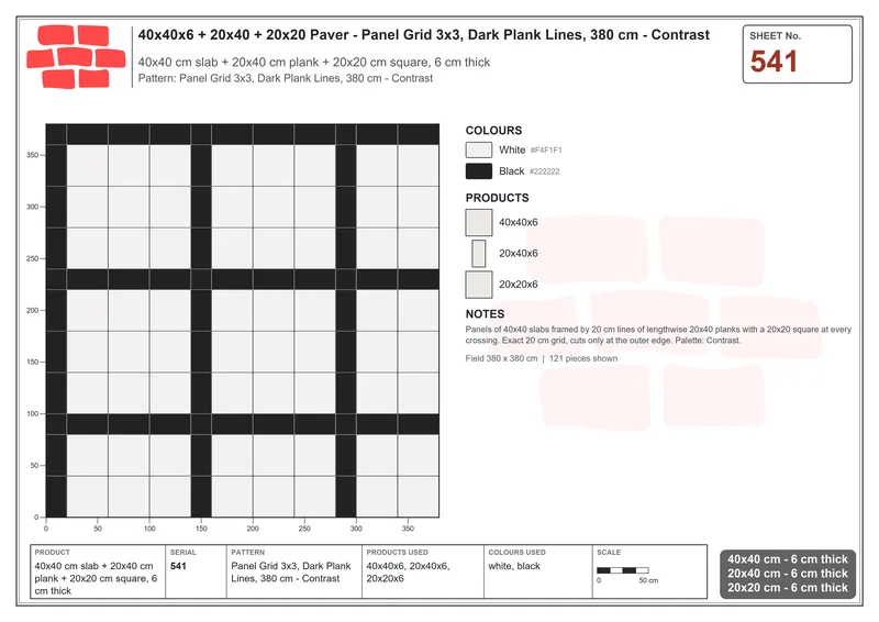 Interlock (Pasco) 40x40 cm · SQ44-541 · Panel Grid 3x3, Dark Plank Lines, 380 cm - Contrast · Laying plan Interlock (Pasco) 40x40 cm · SQ44-541 · Panel Grid 3x3, Dark Plank Lines, 380 cm - Contrast · Laying plan