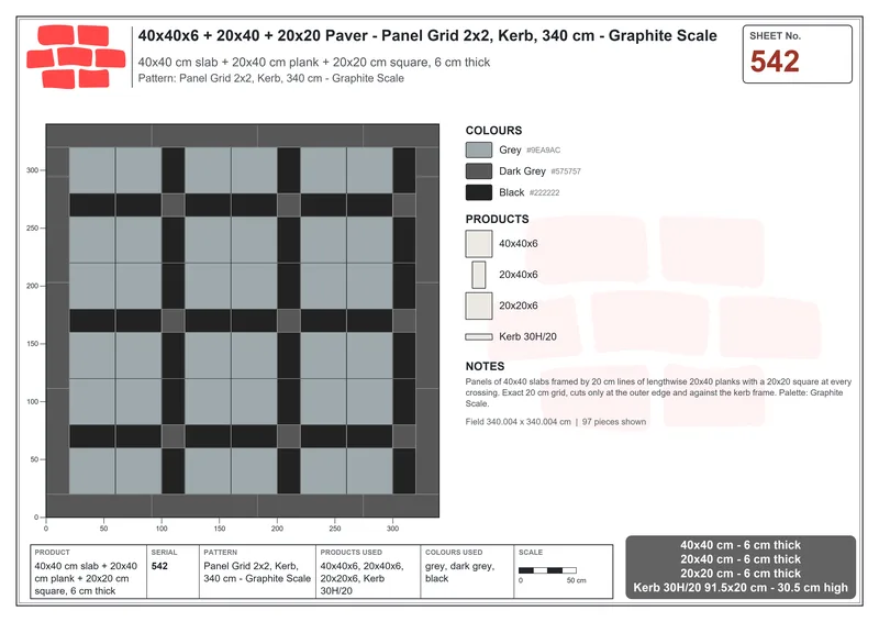 Interlock (Pasco) 40x40 cm · SQ44-542 · Panel Grid 2x2, Kerb, 340 cm - Graphite Scale · Laying plan Interlock (Pasco) 40x40 cm · SQ44-542 · Panel Grid 2x2, Kerb, 340 cm - Graphite Scale · Laying plan
