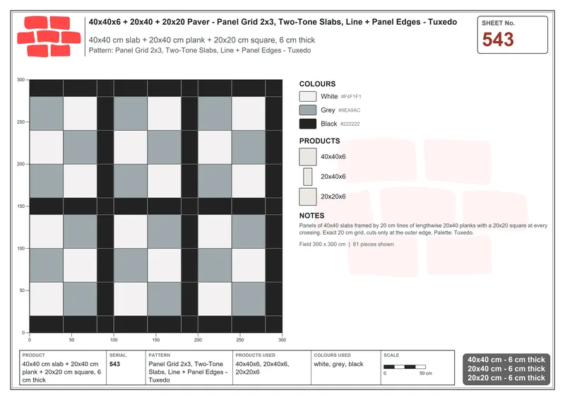 Interlock (Pasco) 40x40 cm · SQ44-543 · Panel Grid 2x3, Two-Tone Slabs, Line + Panel Edges - Tuxedo · Laying plan Interlock (Pasco) 40x40 cm · SQ44-543 · Panel Grid 2x3, Two-Tone Slabs, Line + Panel Edges - Tuxedo · Laying plan
