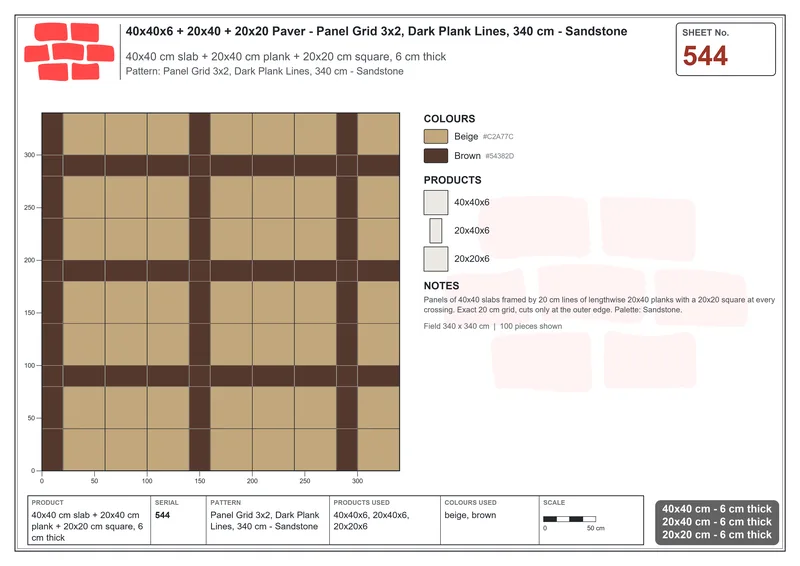 Interlock (Pasco) 40x40 cm · SQ44-544 · Panel Grid 3x2, Dark Plank Lines, 340 cm - Sandstone · Laying plan Interlock (Pasco) 40x40 cm · SQ44-544 · Panel Grid 3x2, Dark Plank Lines, 340 cm - Sandstone · Laying plan