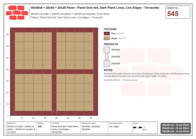 Interlock (Pasco) 40x40 cm · SQ44-545 · Panel Grid 4x4, Dark Plank Lines, Line Edges - Terracotta · Laying plan Interlock (Pasco) 40x40 cm · SQ44-545 · Panel Grid 4x4, Dark Plank Lines, Line Edges - Terracotta · Laying plan