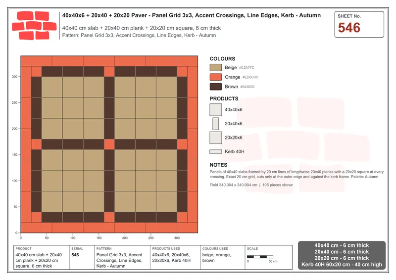 Interlock (Pasco) 40x40 cm · SQ44-546 · Panel Grid 3x3, Accent Crossings, Line Edges, Kerb - Autumn · Laying plan Interlock (Pasco) 40x40 cm · SQ44-546 · Panel Grid 3x3, Accent Crossings, Line Edges, Kerb - Autumn · Laying plan