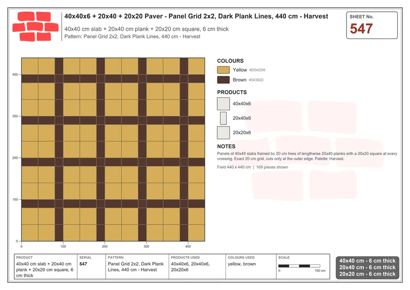 Interlock (Pasco) 40x40 cm · SQ44-547 · Panel Grid 2x2, Dark Plank Lines, 440 cm - Harvest · Laying plan Interlock (Pasco) 40x40 cm · SQ44-547 · Panel Grid 2x2, Dark Plank Lines, 440 cm - Harvest · Laying plan
