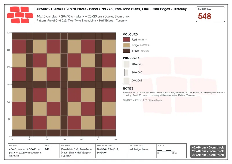 Interlock (Pasco) 40x40 cm · SQ44-548 · Panel Grid 2x3, Two-Tone Slabs, Line + Half Edges - Tuscany · Laying plan Interlock (Pasco) 40x40 cm · SQ44-548 · Panel Grid 2x3, Two-Tone Slabs, Line + Half Edges - Tuscany · Laying plan