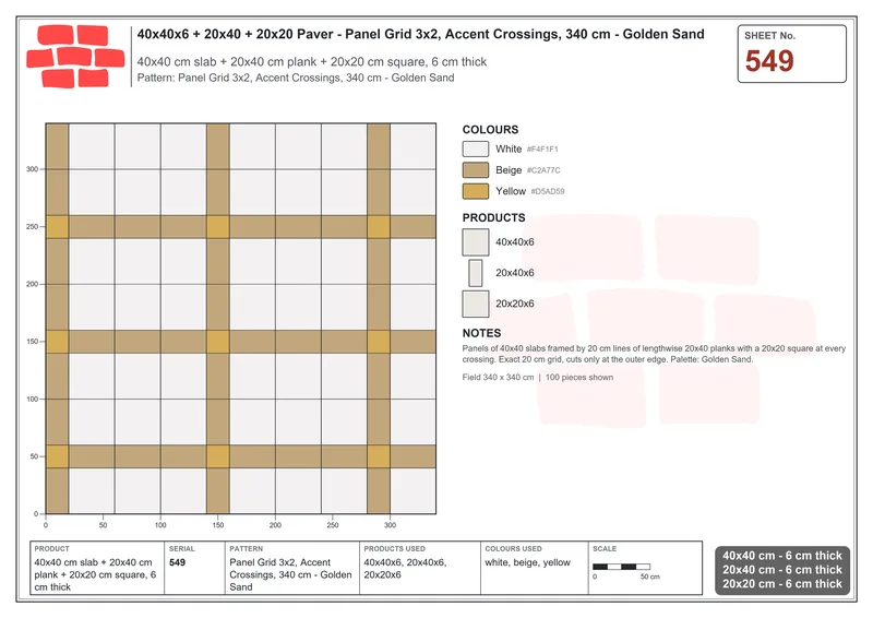 Interlock (Pasco) 40x40 cm · SQ44-549 · Panel Grid 3x2, Accent Crossings, 340 cm - Golden Sand · Laying plan Interlock (Pasco) 40x40 cm · SQ44-549 · Panel Grid 3x2, Accent Crossings, 340 cm - Golden Sand · Laying plan