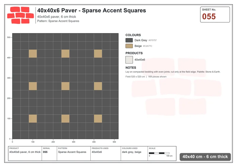 Interlock (Pasco) 40x40 cm · SQ44-55 · Sparse Accent Squares · Laying plan Interlock (Pasco) 40x40 cm · SQ44-55 · Sparse Accent Squares · Laying plan