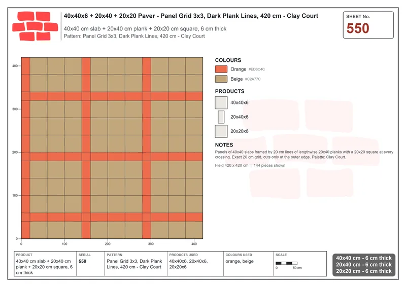 Interlock (Pasco) 40x40 cm · SQ44-550 · Panel Grid 3x3, Dark Plank Lines, 420 cm - Clay Court · Laying plan Interlock (Pasco) 40x40 cm · SQ44-550 · Panel Grid 3x3, Dark Plank Lines, 420 cm - Clay Court · Laying plan