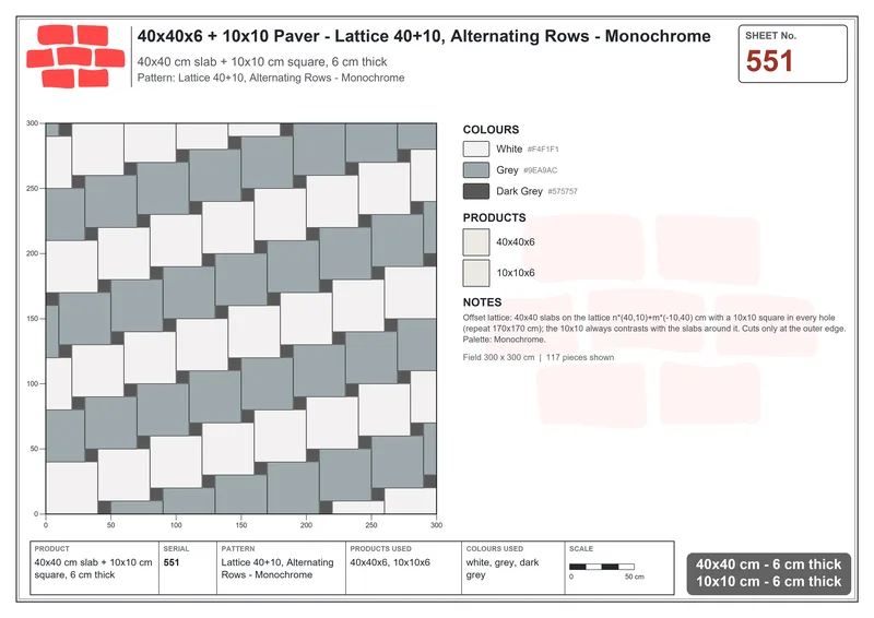 Interlock (Pasco) 40x40 cm · SQ44-551 · Lattice 40+10, Alternating Rows - Monochrome · Laying plan Interlock (Pasco) 40x40 cm · SQ44-551 · Lattice 40+10, Alternating Rows - Monochrome · Laying plan