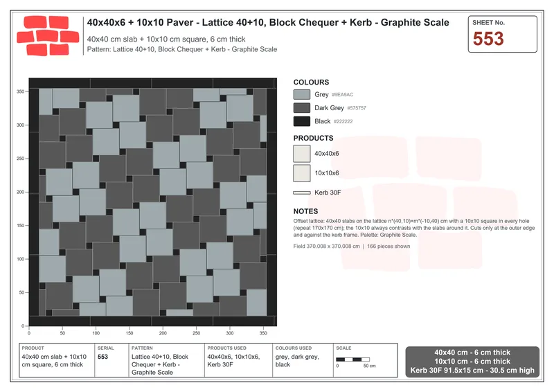 Interlock (Pasco) 40x40 cm · SQ44-553 · Lattice 40+10, Block Chequer + Kerb - Graphite Scale · Laying plan Interlock (Pasco) 40x40 cm · SQ44-553 · Lattice 40+10, Block Chequer + Kerb - Graphite Scale · Laying plan
