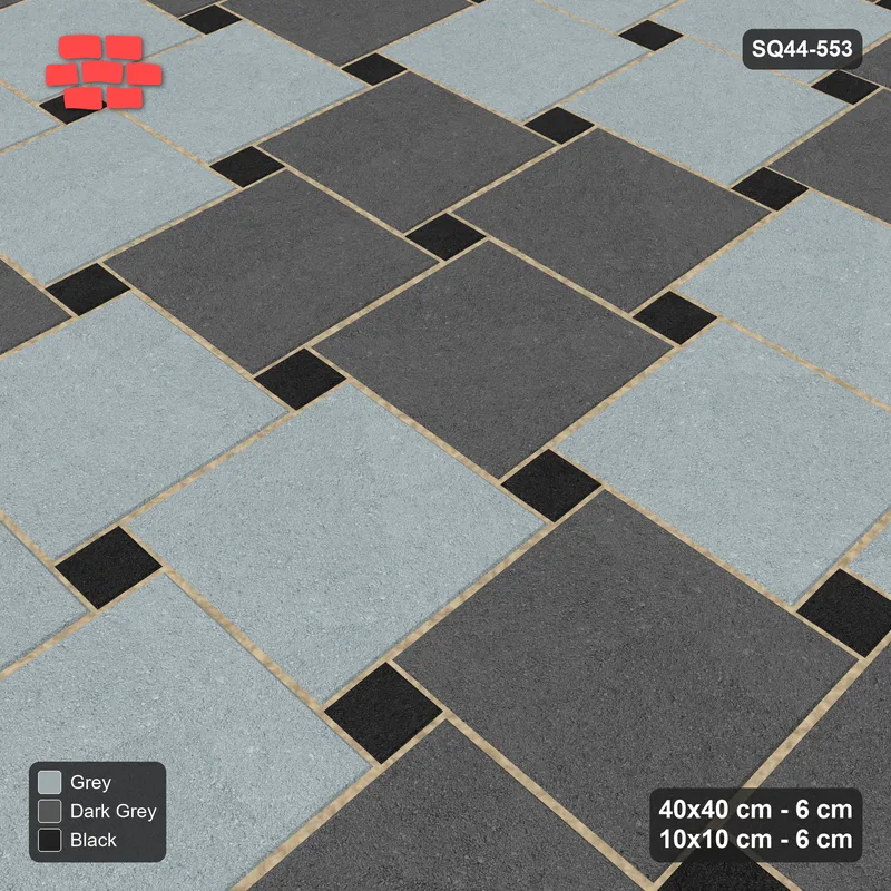 Interlock (Pasco) 40x40 cm · SQ44-553 · Lattice 40+10, Block Chequer + Kerb - Graphite Scale · Side view Interlock (Pasco) 40x40 cm · SQ44-553 · Lattice 40+10, Block Chequer + Kerb - Graphite Scale · Side view