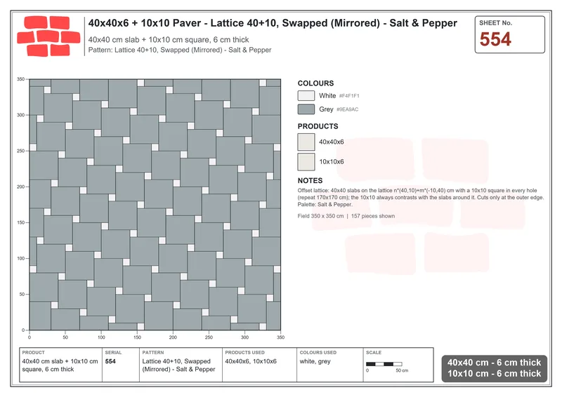 Interlock (Pasco) 40x40 cm · SQ44-554 · Lattice 40+10, Swapped (Mirrored) - Salt & Pepper · Laying plan Interlock (Pasco) 40x40 cm · SQ44-554 · Lattice 40+10, Swapped (Mirrored) - Salt & Pepper · Laying plan