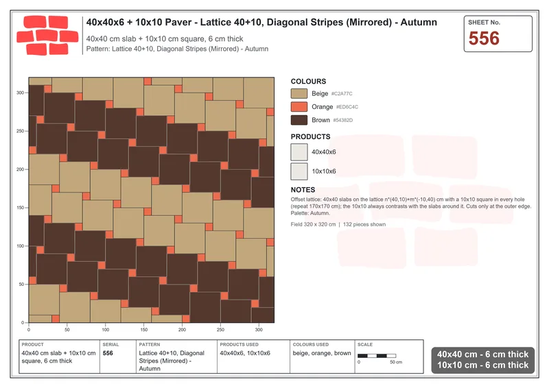 Interlock (Pasco) 40x40 cm · SQ44-556 · Lattice 40+10, Diagonal Stripes (Mirrored) - Autumn · Laying plan Interlock (Pasco) 40x40 cm · SQ44-556 · Lattice 40+10, Diagonal Stripes (Mirrored) - Autumn · Laying plan