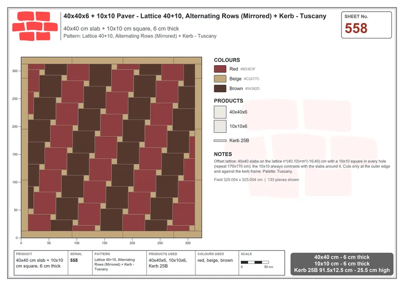Interlock (Pasco) 40x40 cm · SQ44-558 · Lattice 40+10, Alternating Rows (Mirrored) + Kerb - Tuscany · Laying plan Interlock (Pasco) 40x40 cm · SQ44-558 · Lattice 40+10, Alternating Rows (Mirrored) + Kerb - Tuscany · Laying plan