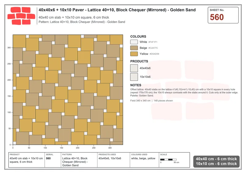Interlock (Pasco) 40x40 cm · SQ44-560 · Lattice 40+10, Block Chequer (Mirrored) - Golden Sand · Laying plan Interlock (Pasco) 40x40 cm · SQ44-560 · Lattice 40+10, Block Chequer (Mirrored) - Golden Sand · Laying plan