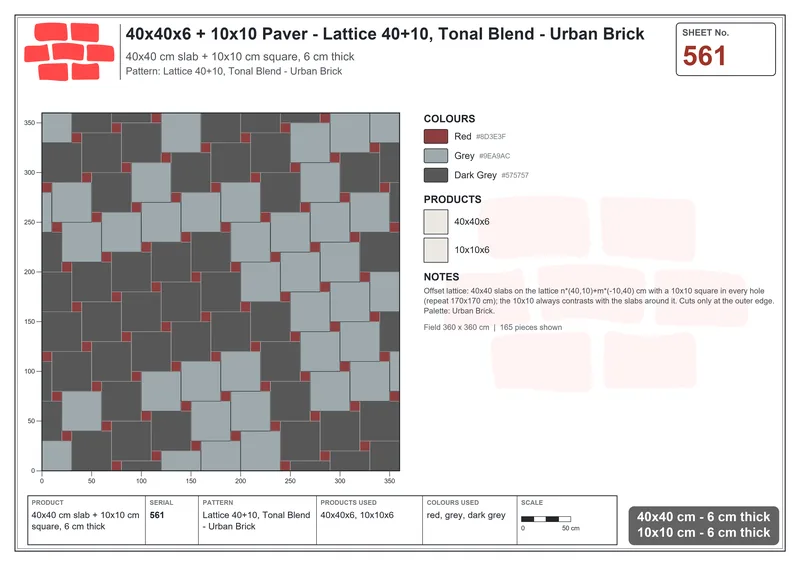 Interlock (Pasco) 40x40 cm · SQ44-561 · Lattice 40+10, Tonal Blend - Urban Brick · Laying plan Interlock (Pasco) 40x40 cm · SQ44-561 · Lattice 40+10, Tonal Blend - Urban Brick · Laying plan