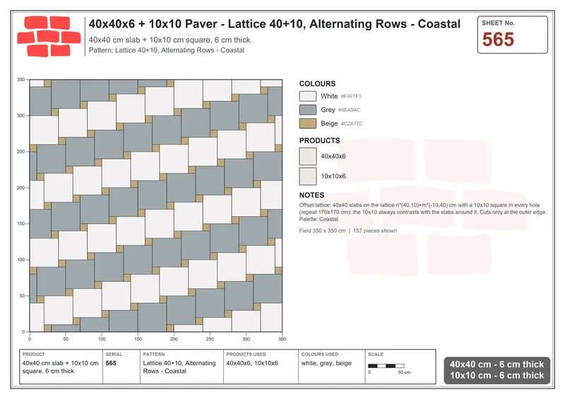 Interlock (Pasco) 40x40 cm · SQ44-565 · Lattice 40+10, Alternating Rows - Coastal · Laying plan Interlock (Pasco) 40x40 cm · SQ44-565 · Lattice 40+10, Alternating Rows - Coastal · Laying plan