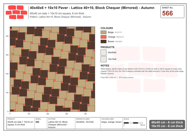 Interlock (Pasco) 40x40 cm · SQ44-566 · Lattice 40+10, Block Chequer (Mirrored) - Autumn · Laying plan Interlock (Pasco) 40x40 cm · SQ44-566 · Lattice 40+10, Block Chequer (Mirrored) - Autumn · Laying plan