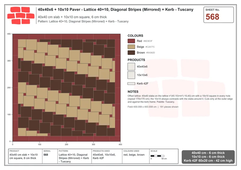 Interlock (Pasco) 40x40 cm · SQ44-568 · Lattice 40+10, Diagonal Stripes (Mirrored) + Kerb - Tuscany · Laying plan Interlock (Pasco) 40x40 cm · SQ44-568 · Lattice 40+10, Diagonal Stripes (Mirrored) + Kerb - Tuscany · Laying plan