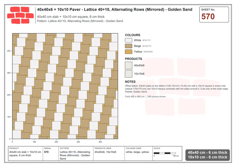 Interlock (Pasco) 40x40 cm · SQ44-570 · Lattice 40+10, Alternating Rows (Mirrored) - Golden Sand · Laying plan Interlock (Pasco) 40x40 cm · SQ44-570 · Lattice 40+10, Alternating Rows (Mirrored) - Golden Sand · Laying plan