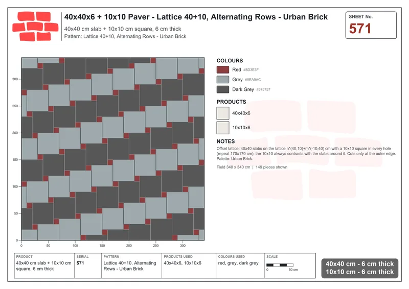 Interlock (Pasco) 40x40 cm · SQ44-571 · Lattice 40+10, Alternating Rows - Urban Brick · Laying plan Interlock (Pasco) 40x40 cm · SQ44-571 · Lattice 40+10, Alternating Rows - Urban Brick · Laying plan