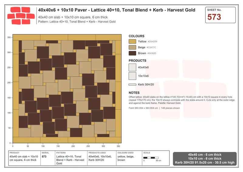 Interlock (Pasco) 40x40 cm · SQ44-573 · Lattice 40+10, Tonal Blend + Kerb - Harvest Gold · Laying plan Interlock (Pasco) 40x40 cm · SQ44-573 · Lattice 40+10, Tonal Blend + Kerb - Harvest Gold · Laying plan