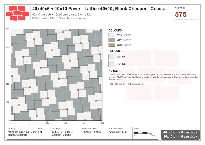 Interlock (Pasco) 40x40 cm · SQ44-575 · Lattice 40+10, Block Chequer - Coastal · Laying plan Interlock (Pasco) 40x40 cm · SQ44-575 · Lattice 40+10, Block Chequer - Coastal · Laying plan