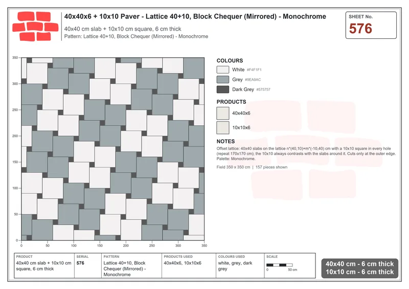 Interlock (Pasco) 40x40 cm · SQ44-576 · Lattice 40+10, Block Chequer (Mirrored) - Monochrome · Laying plan Interlock (Pasco) 40x40 cm · SQ44-576 · Lattice 40+10, Block Chequer (Mirrored) - Monochrome · Laying plan