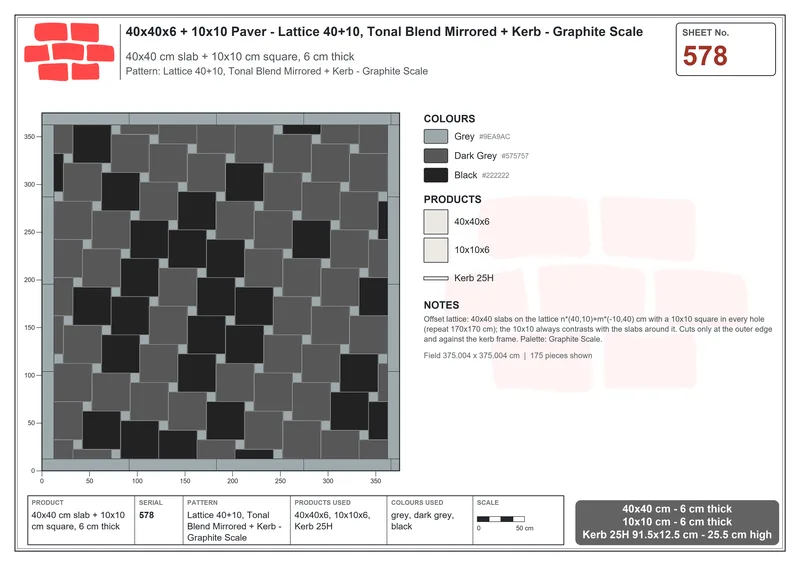 Interlock (Pasco) 40x40 cm · SQ44-578 · Lattice 40+10, Tonal Blend Mirrored + Kerb - Graphite Scale · Laying plan Interlock (Pasco) 40x40 cm · SQ44-578 · Lattice 40+10, Tonal Blend Mirrored + Kerb - Graphite Scale · Laying plan