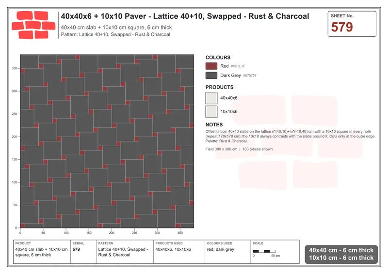 Interlock (Pasco) 40x40 cm · SQ44-579 · Lattice 40+10, Swapped - Rust & Charcoal · Laying plan Interlock (Pasco) 40x40 cm · SQ44-579 · Lattice 40+10, Swapped - Rust & Charcoal · Laying plan
