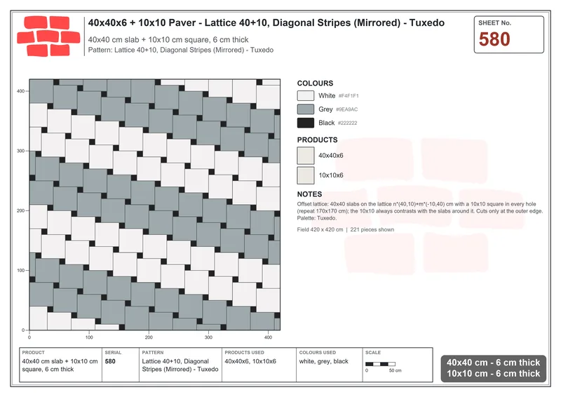 Interlock (Pasco) 40x40 cm · SQ44-580 · Lattice 40+10, Diagonal Stripes (Mirrored) - Tuxedo · Laying plan Interlock (Pasco) 40x40 cm · SQ44-580 · Lattice 40+10, Diagonal Stripes (Mirrored) - Tuxedo · Laying plan