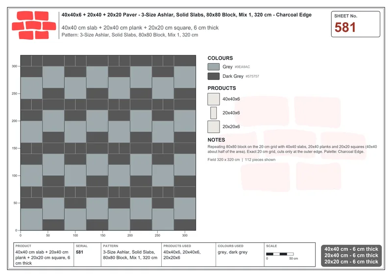 Interlock (Pasco) 40x40 cm · SQ44-581 · 3-Size Ashlar, Solid Slabs, 80x80 Block, Mix 1, 320 cm · Laying plan Interlock (Pasco) 40x40 cm · SQ44-581 · 3-Size Ashlar, Solid Slabs, 80x80 Block, Mix 1, 320 cm · Laying plan