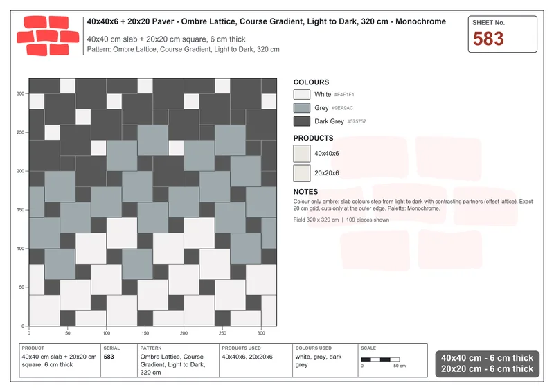 Interlock (Pasco) 40x40 cm · SQ44-583 · Ombre Lattice, Course Gradient, Light to Dark, 320 cm · Laying plan Interlock (Pasco) 40x40 cm · SQ44-583 · Ombre Lattice, Course Gradient, Light to Dark, 320 cm · Laying plan