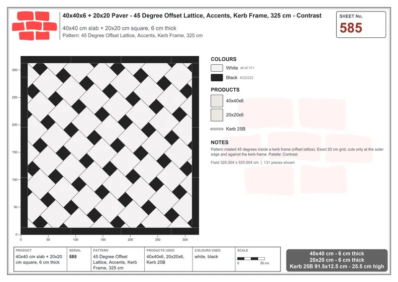 Interlock (Pasco) 40x40 cm · SQ44-585 · 45 Degree Offset Lattice, Accents, Kerb Frame, 325 cm · Laying plan Interlock (Pasco) 40x40 cm · SQ44-585 · 45 Degree Offset Lattice, Accents, Kerb Frame, 325 cm · Laying plan