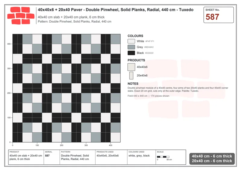 Interlock (Pasco) 40x40 cm · SQ44-587 · Double Pinwheel, Solid Planks, Radial, 440 cm · Laying plan Interlock (Pasco) 40x40 cm · SQ44-587 · Double Pinwheel, Solid Planks, Radial, 440 cm · Laying plan