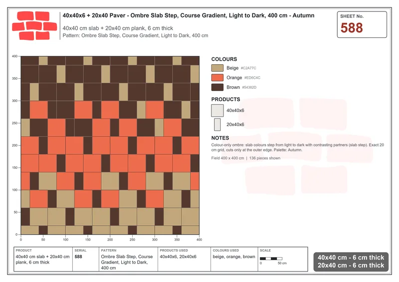 Interlock (Pasco) 40x40 cm · SQ44-588 · Ombre Slab Step, Course Gradient, Light to Dark, 400 cm · Laying plan Interlock (Pasco) 40x40 cm · SQ44-588 · Ombre Slab Step, Course Gradient, Light to Dark, 400 cm · Laying plan