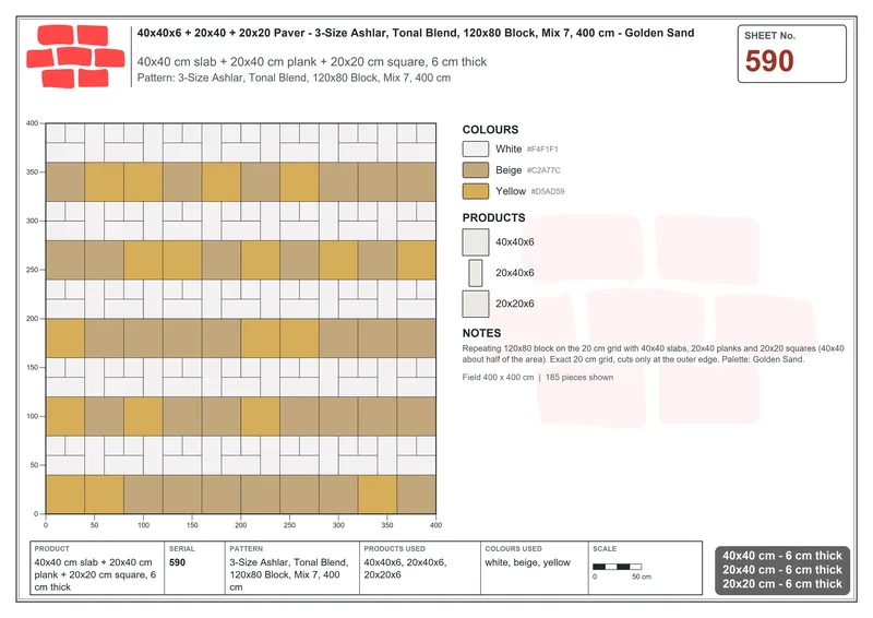Interlock (Pasco) 40x40 cm · SQ44-590 · 3-Size Ashlar, Tonal Blend, 120x80 Block, Mix 7, 400 cm · Laying plan Interlock (Pasco) 40x40 cm · SQ44-590 · 3-Size Ashlar, Tonal Blend, 120x80 Block, Mix 7, 400 cm · Laying plan