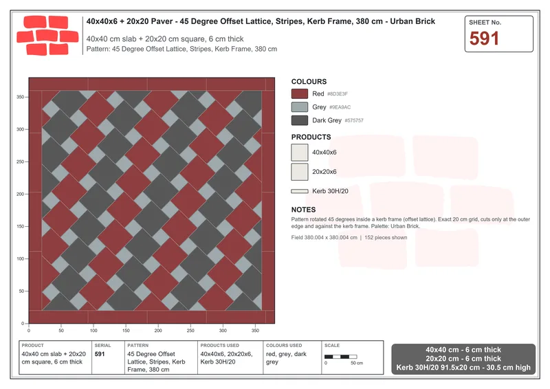 Interlock (Pasco) 40x40 cm · SQ44-591 · 45 Degree Offset Lattice, Stripes, Kerb Frame, 380 cm · Laying plan Interlock (Pasco) 40x40 cm · SQ44-591 · 45 Degree Offset Lattice, Stripes, Kerb Frame, 380 cm · Laying plan