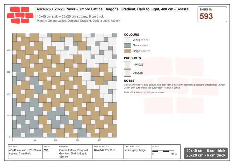 Interlock (Pasco) 40x40 cm · SQ44-593 · Ombre Lattice, Diagonal Gradient, Dark to Light, 480 cm · Laying plan Interlock (Pasco) 40x40 cm · SQ44-593 · Ombre Lattice, Diagonal Gradient, Dark to Light, 480 cm · Laying plan